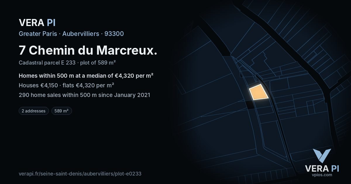 7 Chemin du Marcreux, Aubervilliers at night – the plot lit, the parcels around coloured by the prices near them