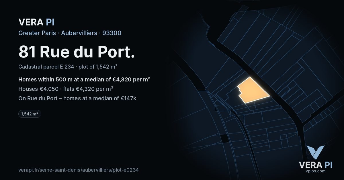 81 Rue du Port, Aubervilliers at night – the plot lit, the parcels around coloured by the prices near them