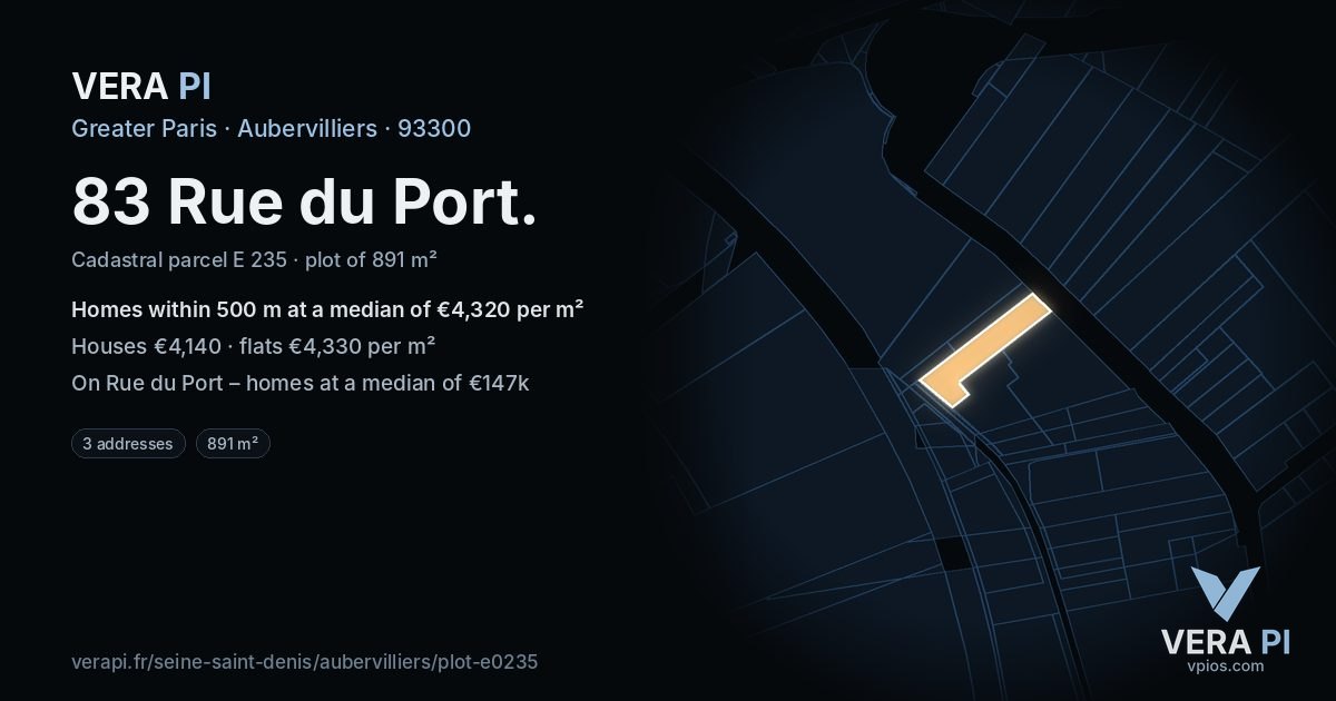 83 Rue du Port, Aubervilliers at night – the plot lit, the parcels around coloured by the prices near them