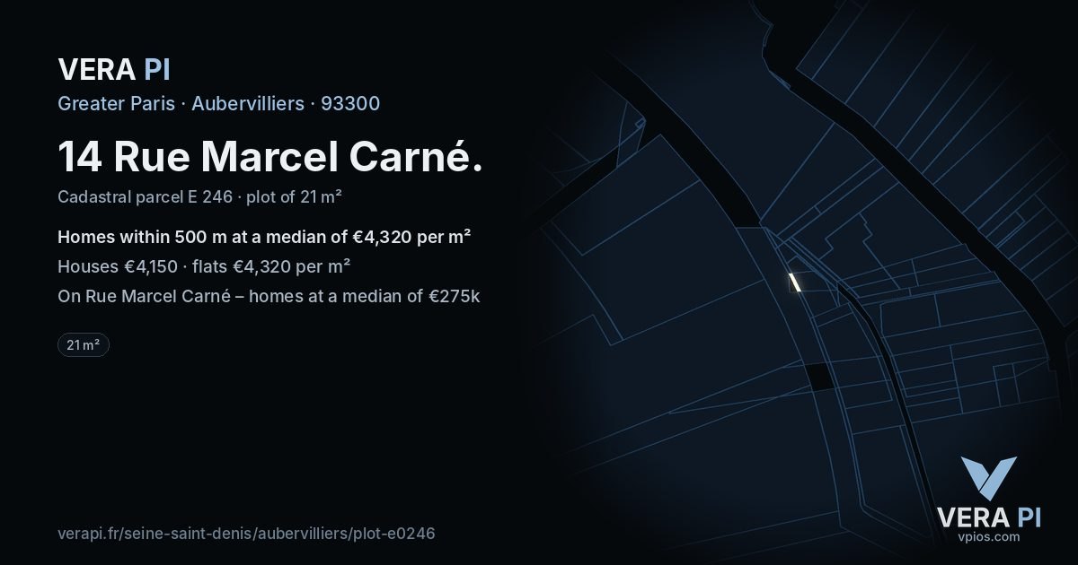 14 Rue Marcel Carné, Aubervilliers at night – the plot lit, the parcels around coloured by the prices near them