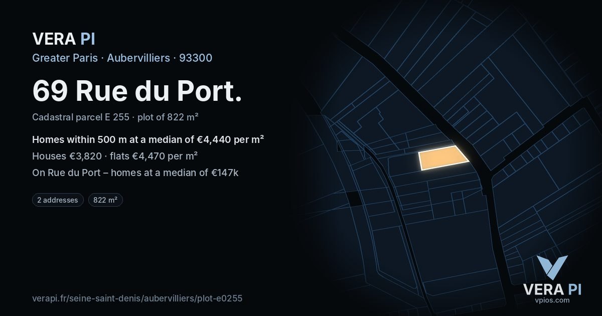 69 Rue du Port, Aubervilliers at night – the plot lit, the parcels around coloured by the prices near them