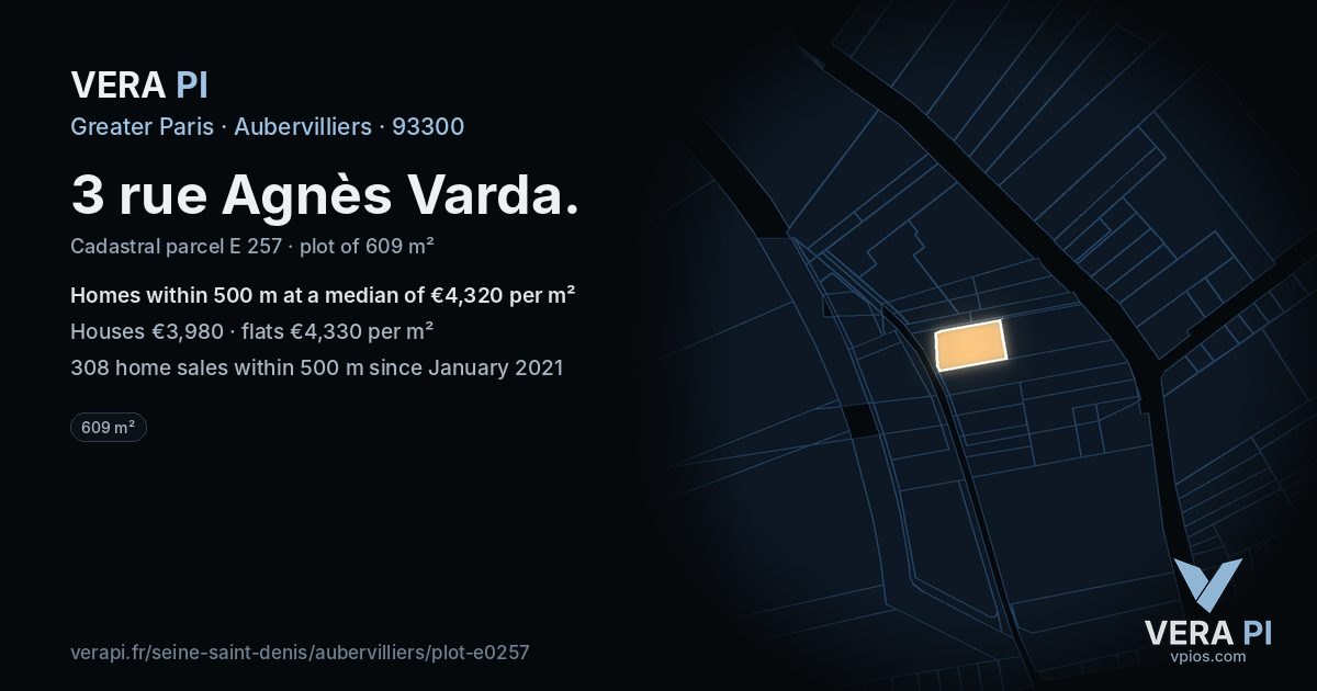 3 rue Agnès Varda, Aubervilliers at night – the plot lit, the parcels around coloured by the prices near them