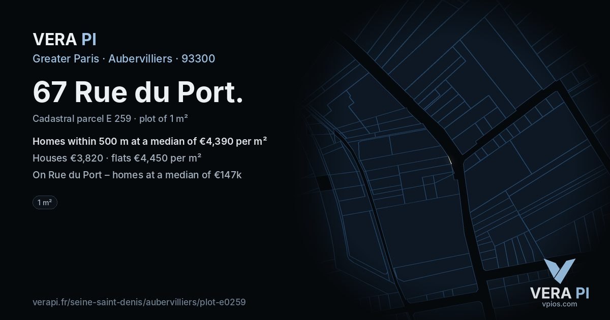 67 Rue du Port, Aubervilliers at night – the plot lit, the parcels around coloured by the prices near them