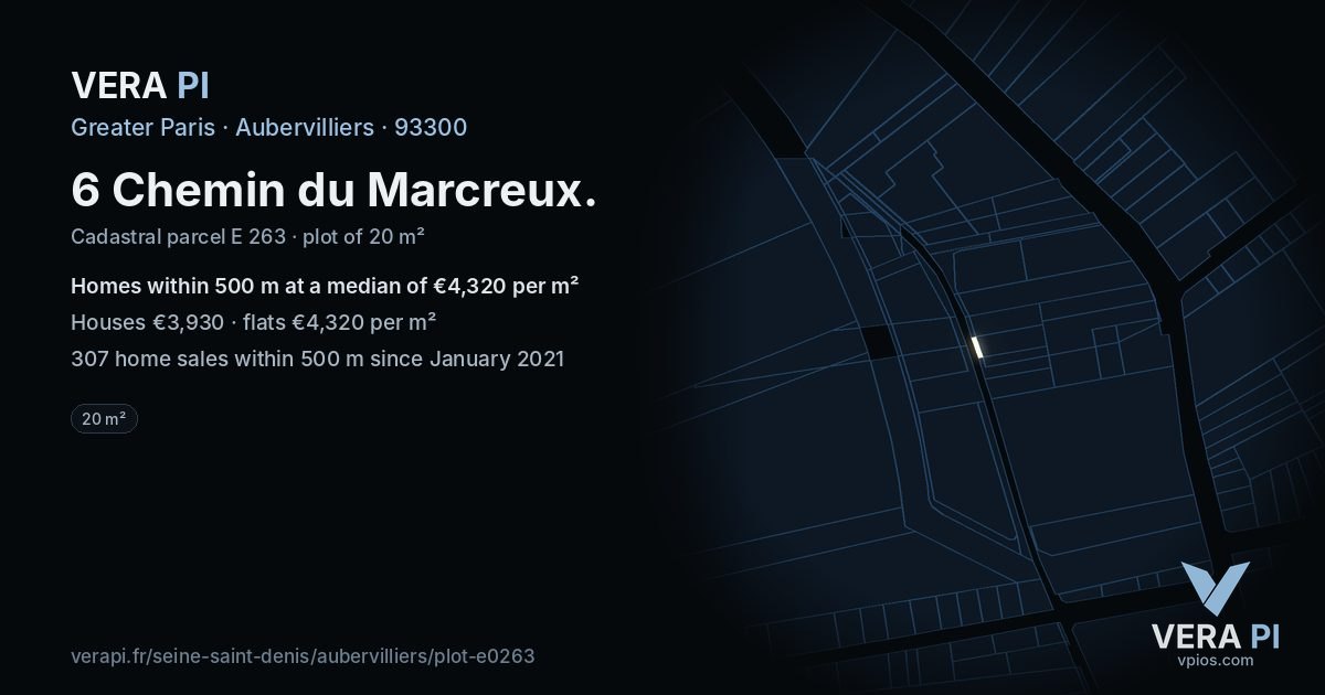 6 Chemin du Marcreux, Aubervilliers at night – the plot lit, the parcels around coloured by the prices near them