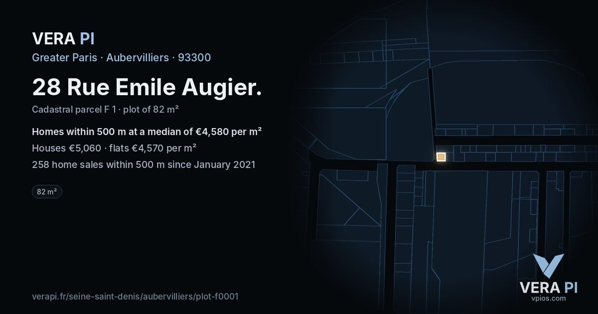 28 Rue Emile Augier, Aubervilliers at night – the plot lit, the parcels around coloured by the prices near them