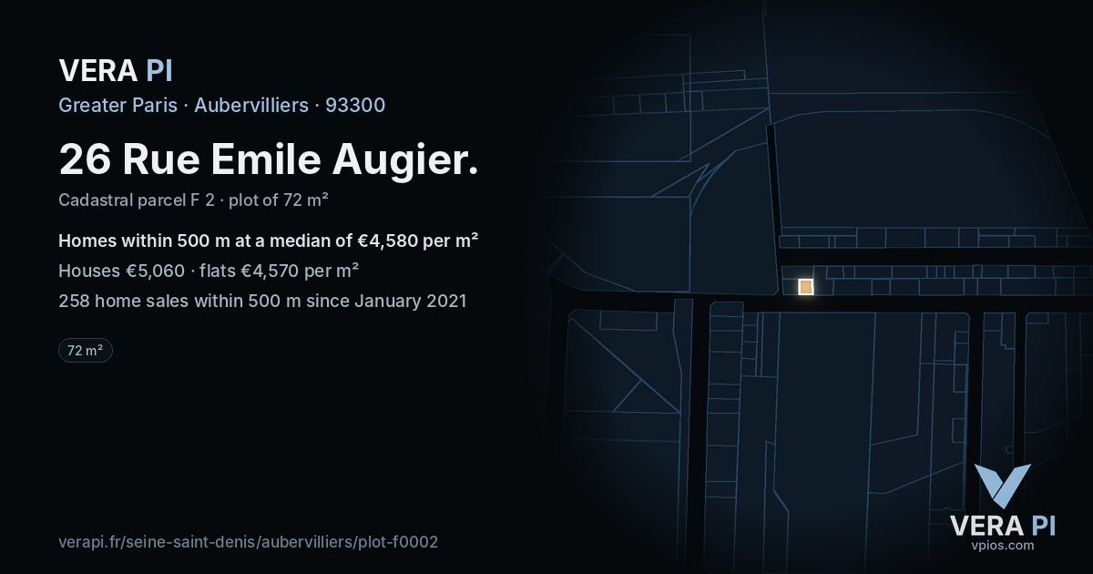 26 Rue Emile Augier, Aubervilliers at night – the plot lit, the parcels around coloured by the prices near them