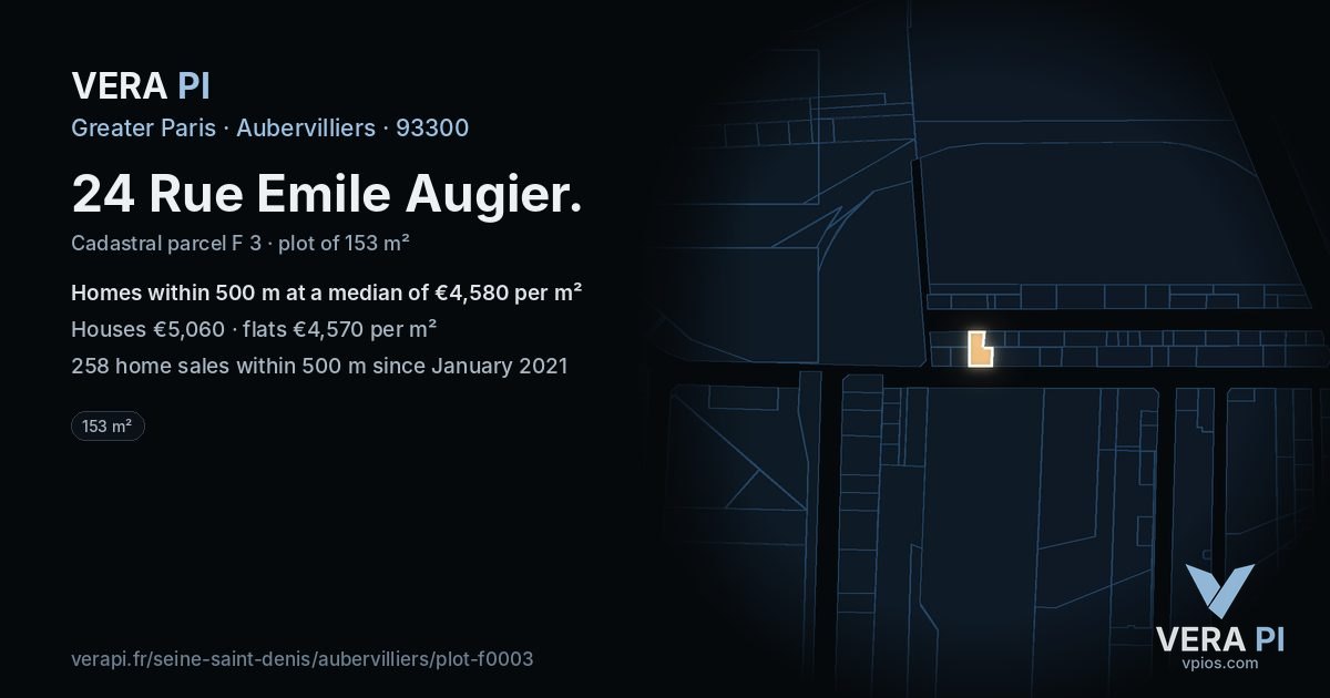 24 Rue Emile Augier, Aubervilliers at night – the plot lit, the parcels around coloured by the prices near them