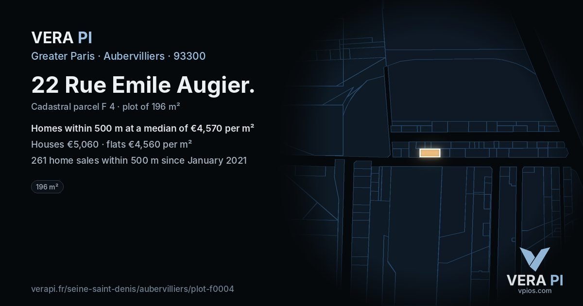 22 Rue Emile Augier, Aubervilliers at night – the plot lit, the parcels around coloured by the prices near them