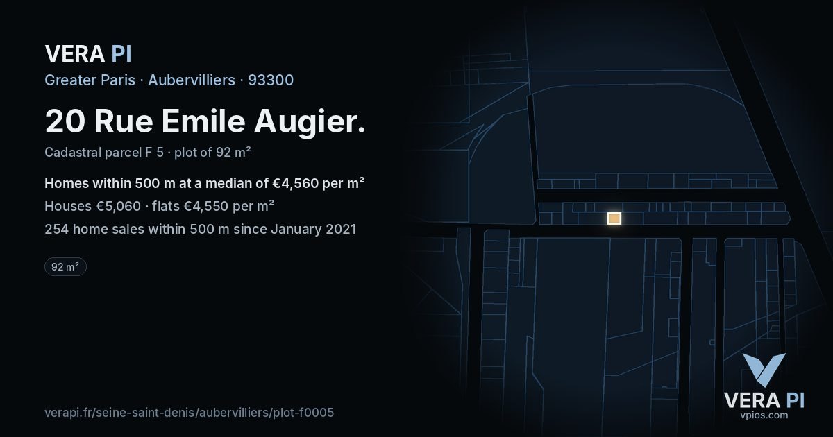 20 Rue Emile Augier, Aubervilliers at night – the plot lit, the parcels around coloured by the prices near them
