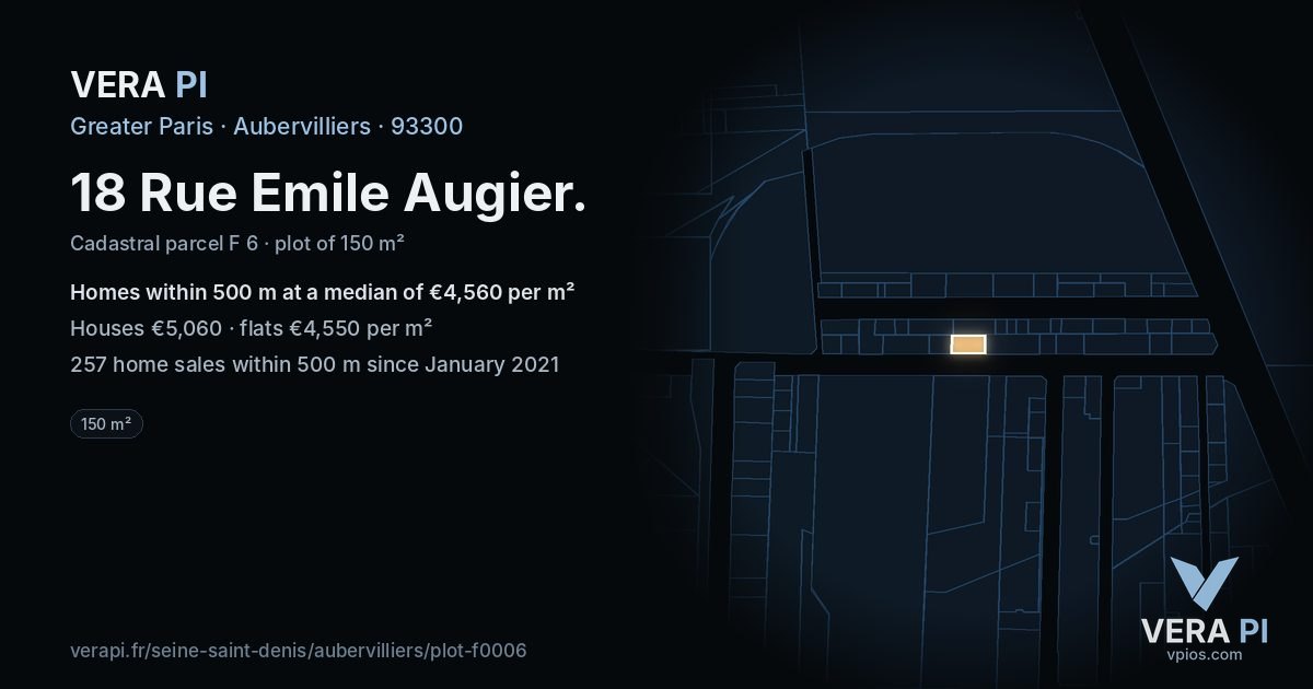 18 Rue Emile Augier, Aubervilliers at night – the plot lit, the parcels around coloured by the prices near them