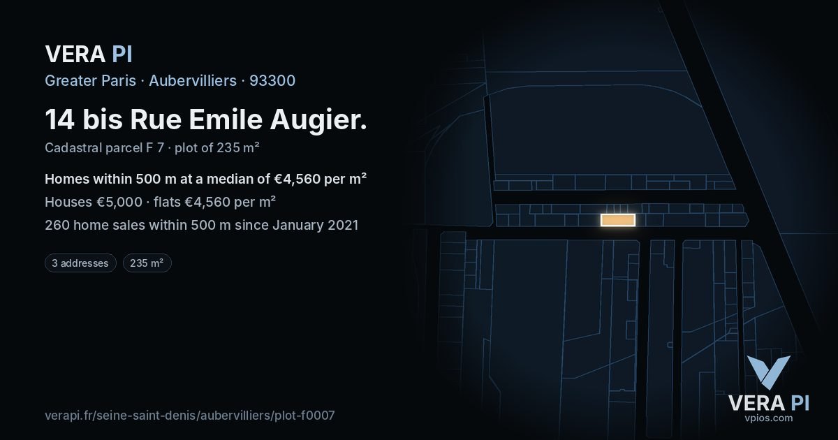 14 bis Rue Emile Augier, Aubervilliers at night – the plot lit, the parcels around coloured by the prices near them