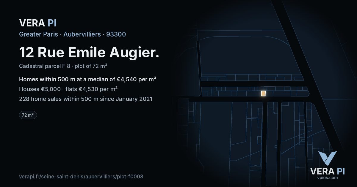 12 Rue Emile Augier, Aubervilliers at night – the plot lit, the parcels around coloured by the prices near them