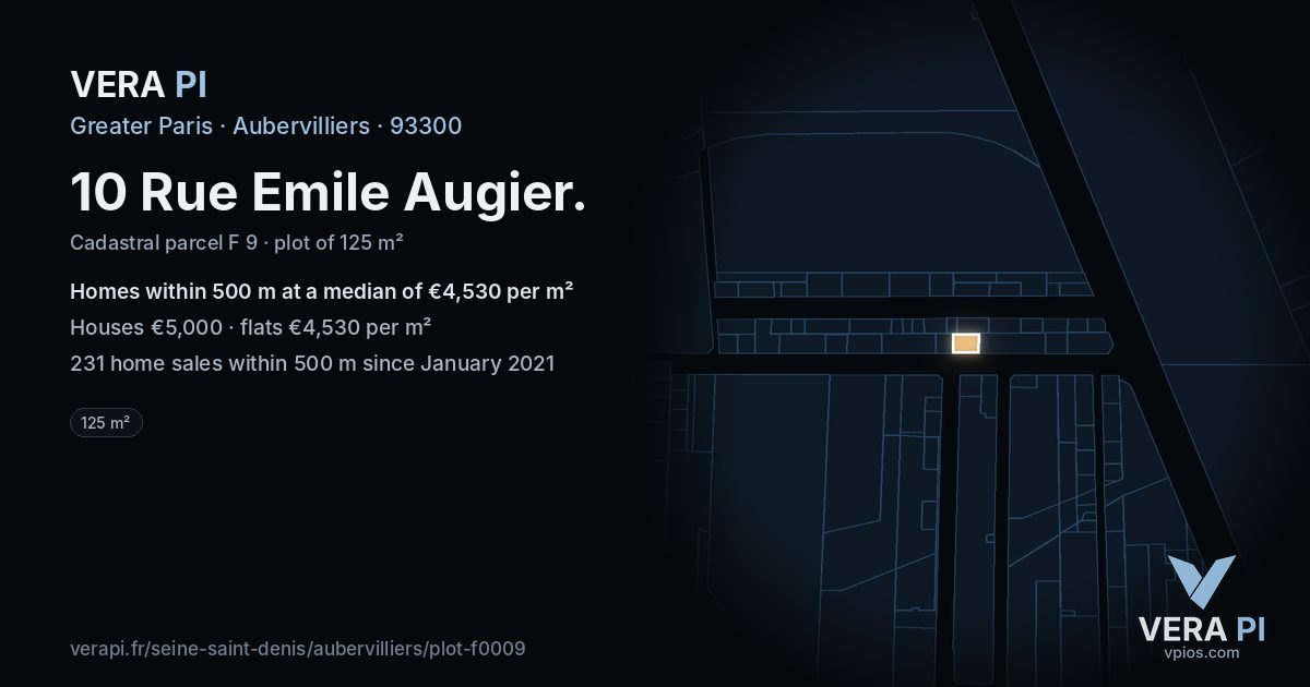 10 Rue Emile Augier, Aubervilliers at night – the plot lit, the parcels around coloured by the prices near them
