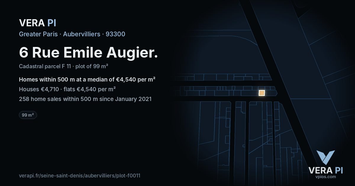 6 Rue Emile Augier, Aubervilliers at night – the plot lit, the parcels around coloured by the prices near them