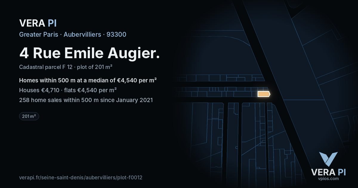 4 Rue Emile Augier, Aubervilliers at night – the plot lit, the parcels around coloured by the prices near them