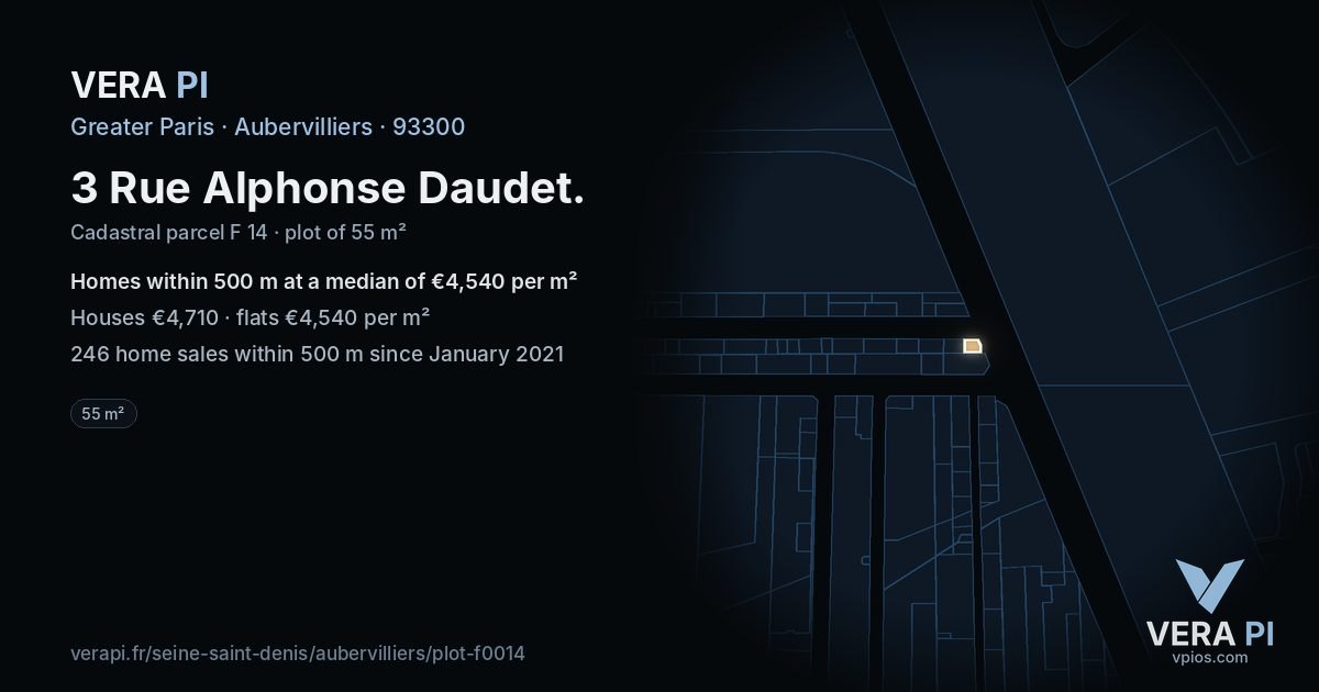 3 Rue Alphonse Daudet, Aubervilliers at night – the plot lit, the parcels around coloured by the prices near them
