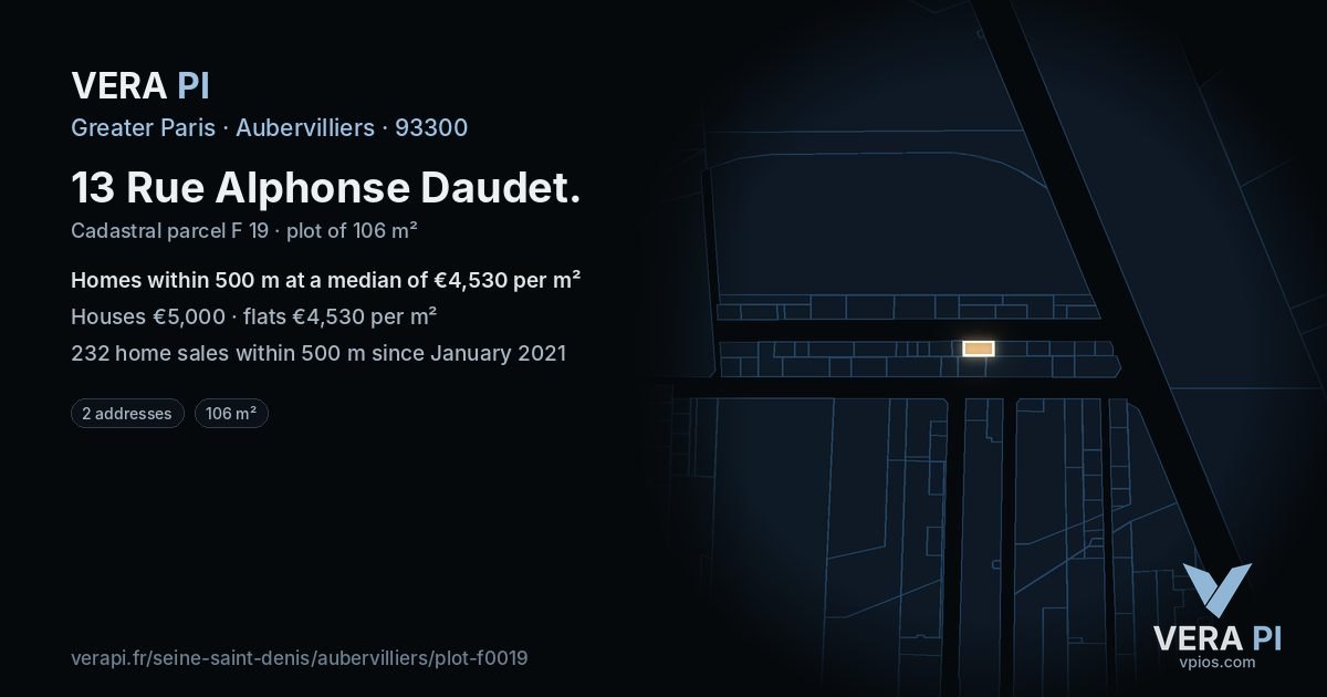 13 Rue Alphonse Daudet, Aubervilliers at night – the plot lit, the parcels around coloured by the prices near them