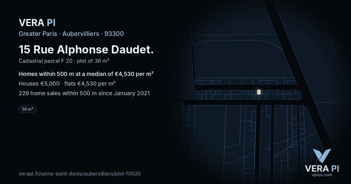 15 Rue Alphonse Daudet, Aubervilliers at night – the plot lit, the parcels around coloured by the prices near them
