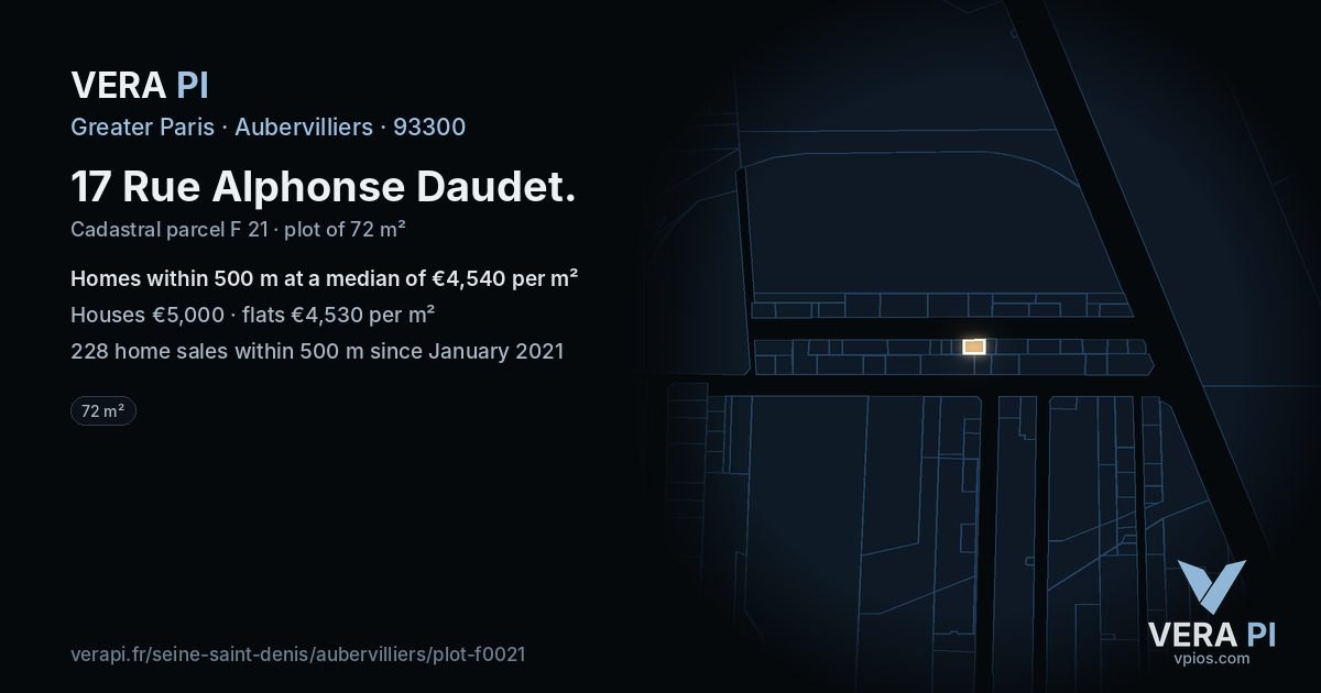 17 Rue Alphonse Daudet, Aubervilliers at night – the plot lit, the parcels around coloured by the prices near them