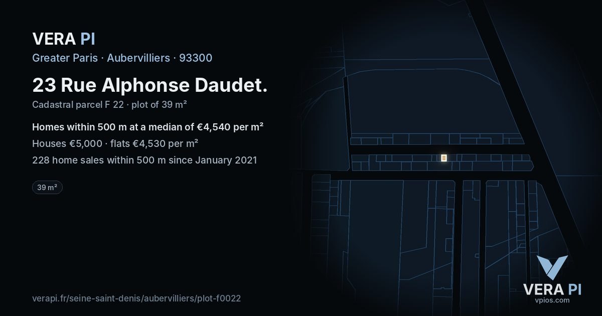 23 Rue Alphonse Daudet, Aubervilliers at night – the plot lit, the parcels around coloured by the prices near them
