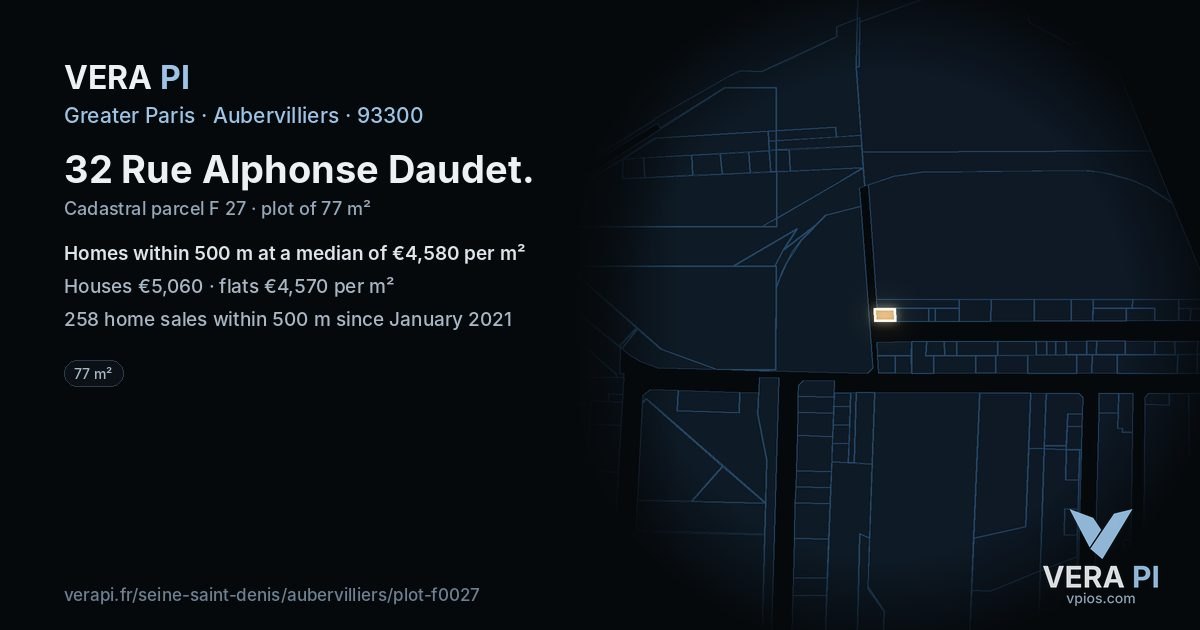 32 Rue Alphonse Daudet, Aubervilliers at night – the plot lit, the parcels around coloured by the prices near them