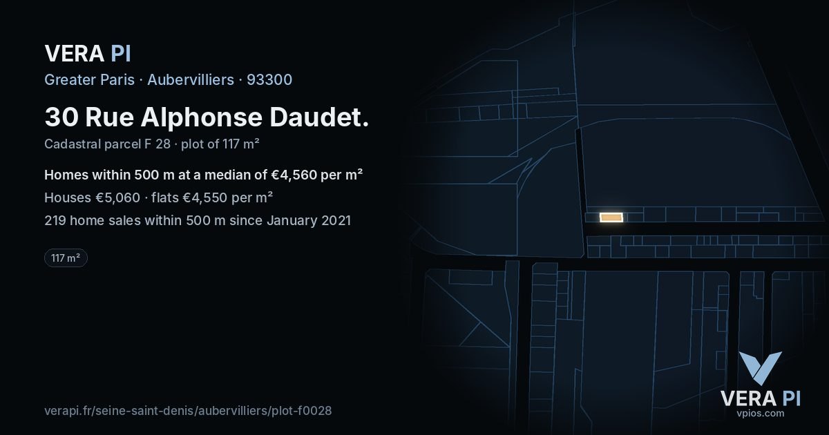 30 Rue Alphonse Daudet, Aubervilliers at night – the plot lit, the parcels around coloured by the prices near them
