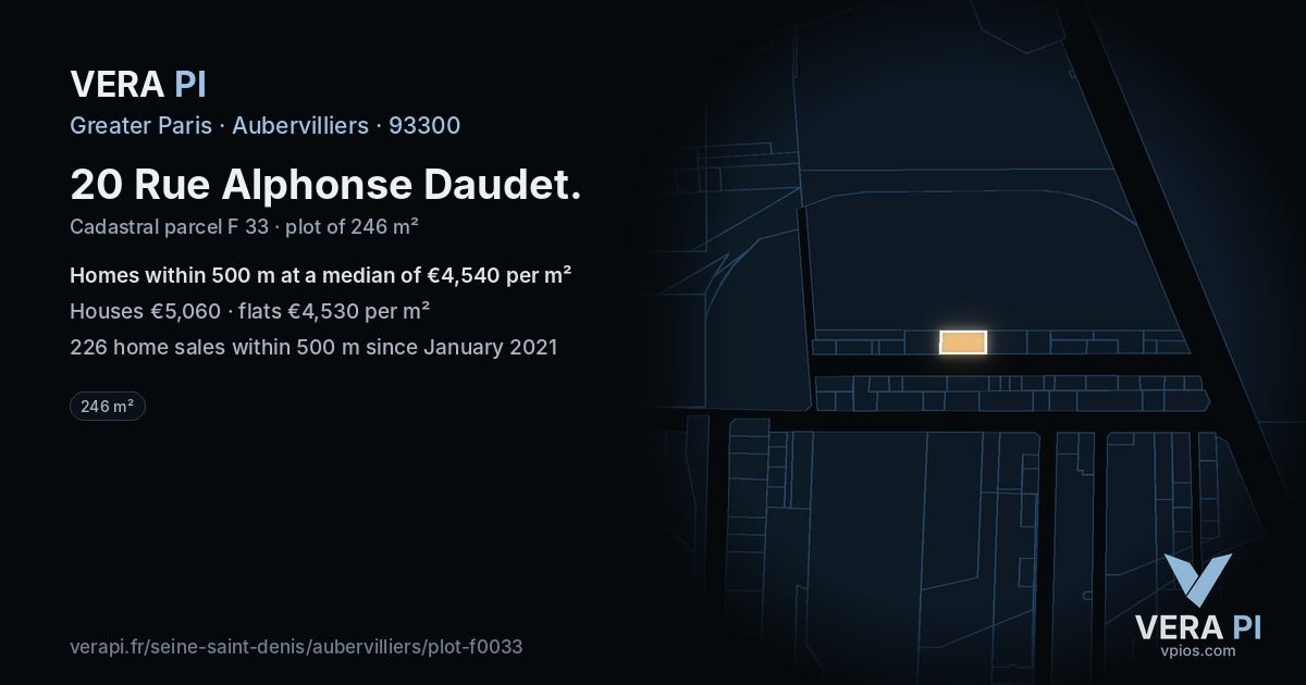 20 Rue Alphonse Daudet, Aubervilliers at night – the plot lit, the parcels around coloured by the prices near them