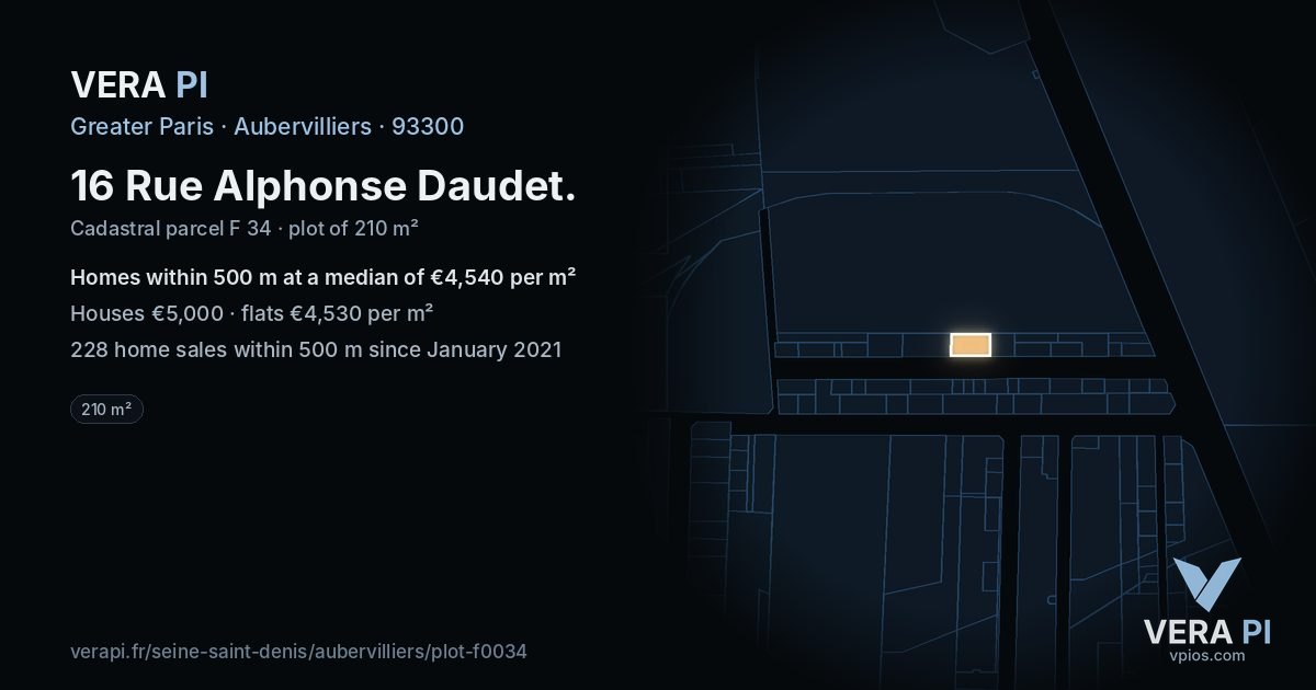 16 Rue Alphonse Daudet, Aubervilliers at night – the plot lit, the parcels around coloured by the prices near them