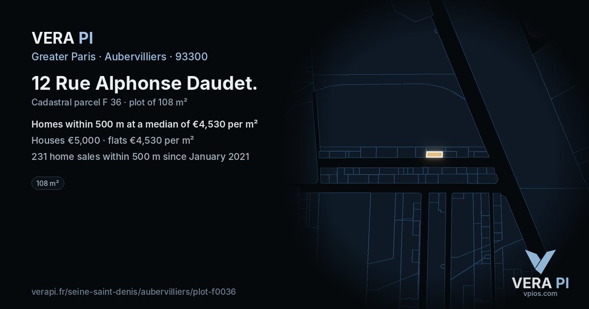 12 Rue Alphonse Daudet, Aubervilliers at night – the plot lit, the parcels around coloured by the prices near them