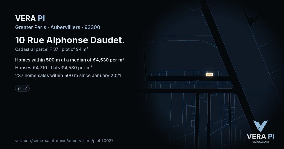 10 Rue Alphonse Daudet, Aubervilliers at night – the plot lit, the parcels around coloured by the prices near them