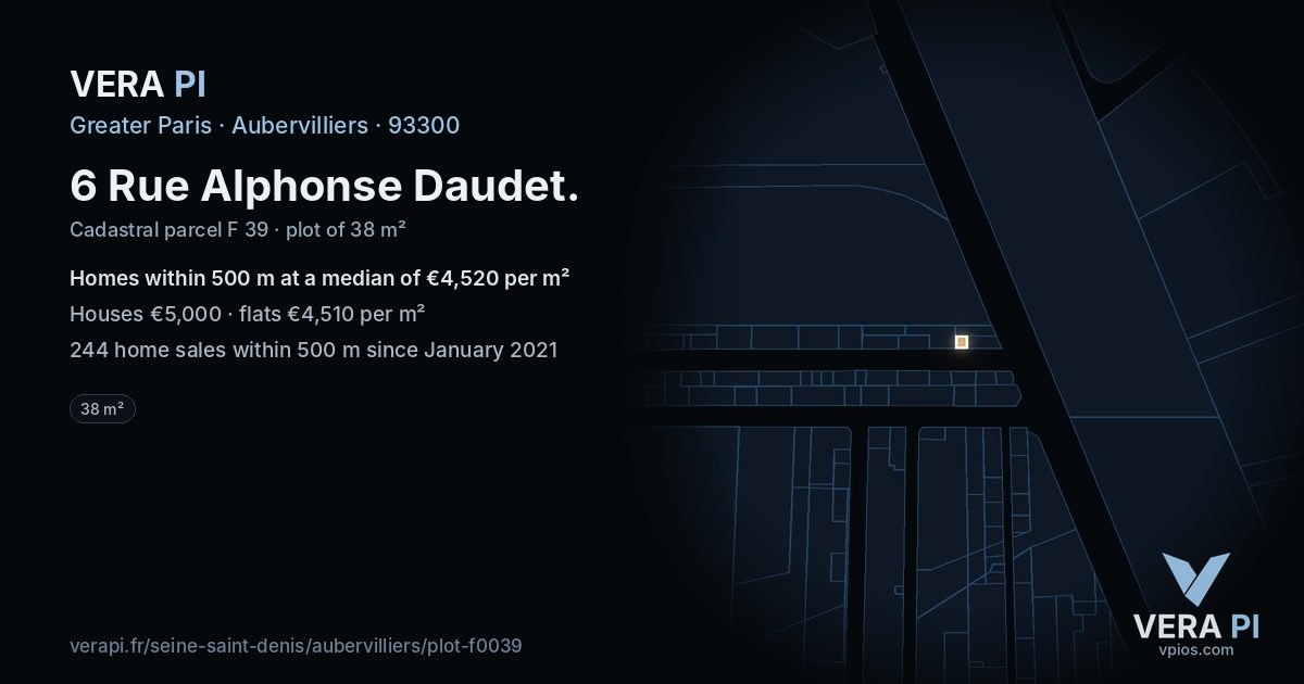 6 Rue Alphonse Daudet, Aubervilliers at night – the plot lit, the parcels around coloured by the prices near them