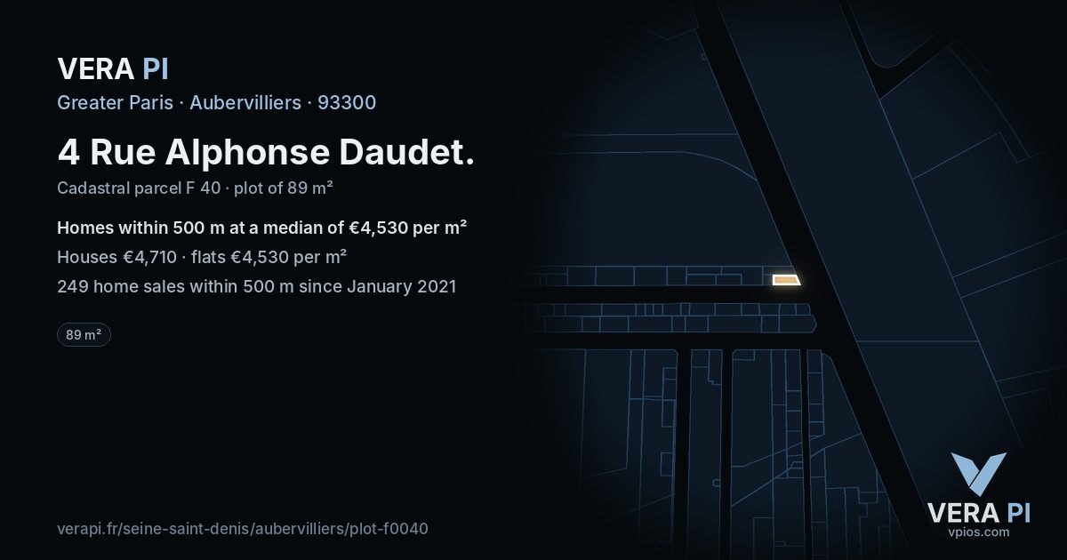 4 Rue Alphonse Daudet, Aubervilliers at night – the plot lit, the parcels around coloured by the prices near them