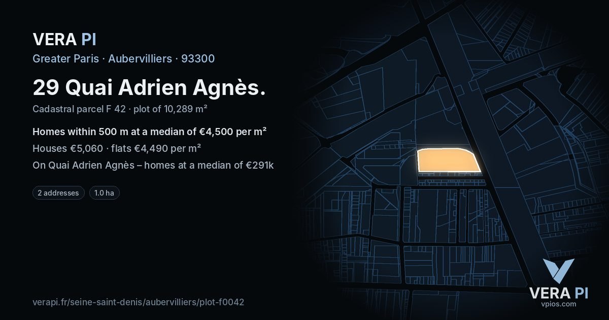 29 Quai Adrien Agnès, Aubervilliers at night – the plot lit, the parcels around coloured by the prices near them