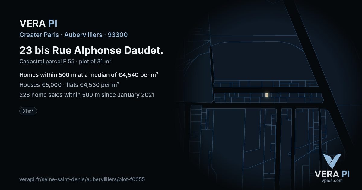 23 bis Rue Alphonse Daudet, Aubervilliers at night – the plot lit, the parcels around coloured by the prices near them