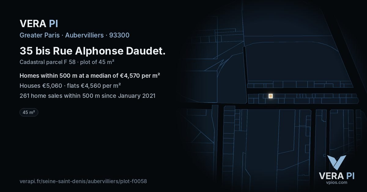 35 bis Rue Alphonse Daudet, Aubervilliers at night – the plot lit, the parcels around coloured by the prices near them