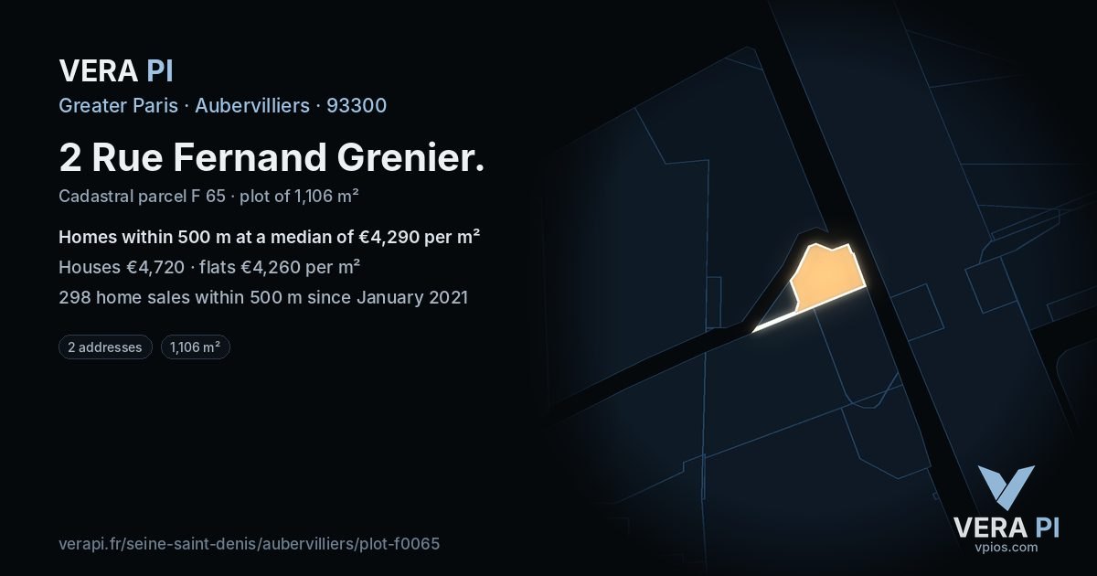 2 Rue Fernand Grenier, Aubervilliers at night – the plot lit, the parcels around coloured by the prices near them