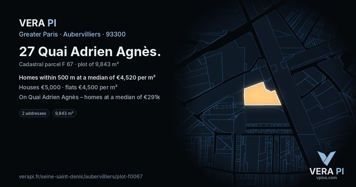 27 Quai Adrien Agnès, Aubervilliers at night – the plot lit, the parcels around coloured by the prices near them