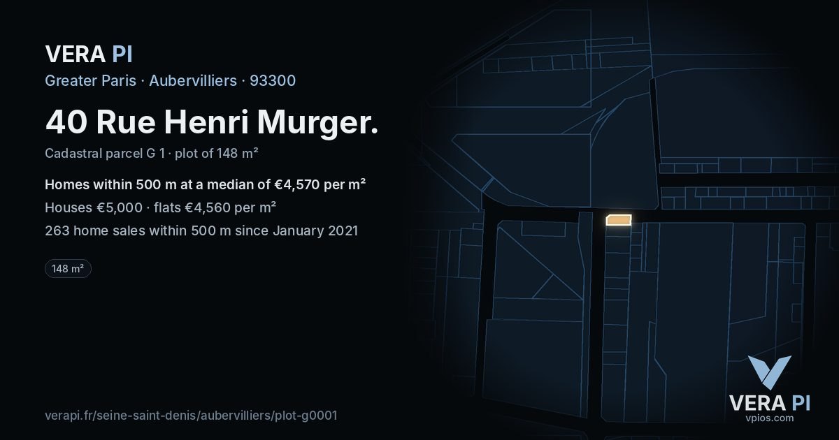 40 Rue Henri Murger, Aubervilliers at night – the plot lit, the parcels around coloured by the prices near them