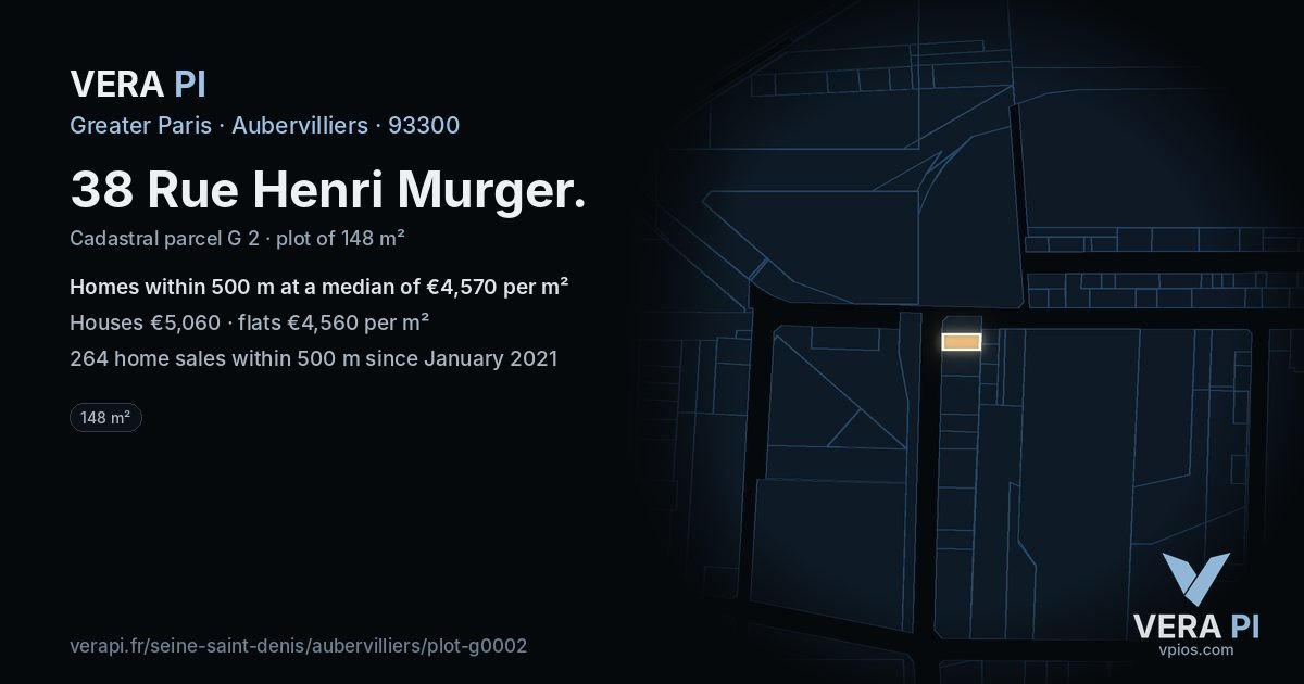 38 Rue Henri Murger, Aubervilliers at night – the plot lit, the parcels around coloured by the prices near them