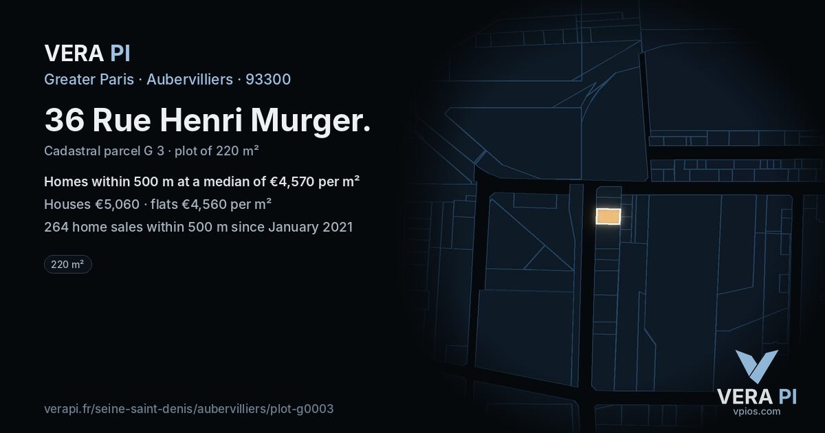 36 Rue Henri Murger, Aubervilliers at night – the plot lit, the parcels around coloured by the prices near them