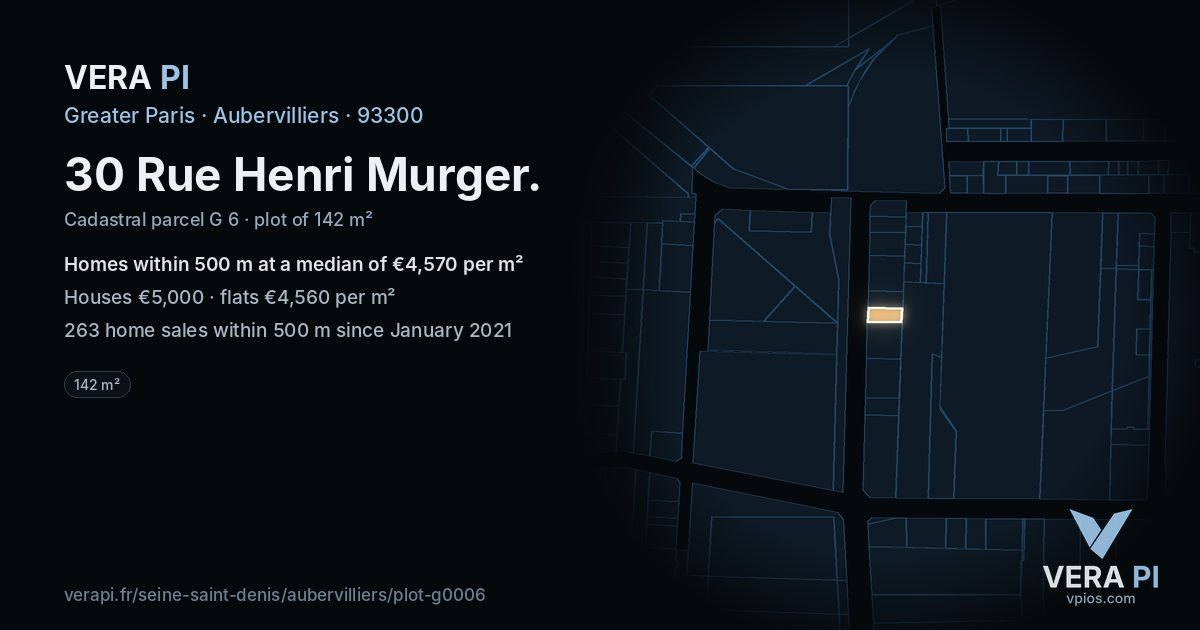 30 Rue Henri Murger, Aubervilliers at night – the plot lit, the parcels around coloured by the prices near them