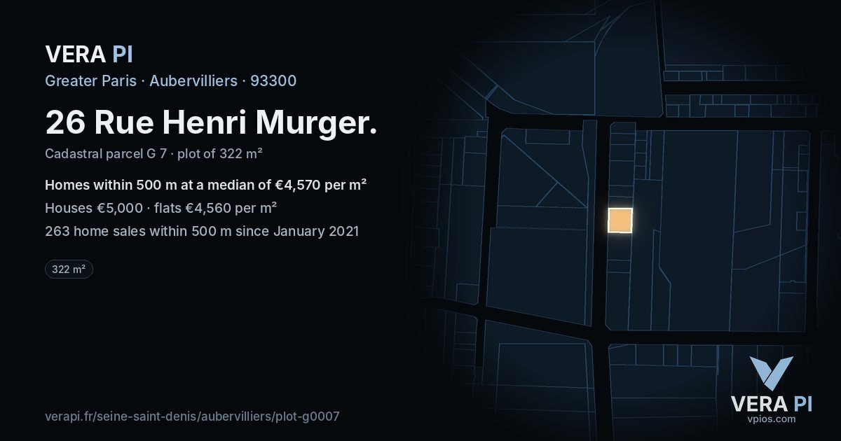 26 Rue Henri Murger, Aubervilliers at night – the plot lit, the parcels around coloured by the prices near them