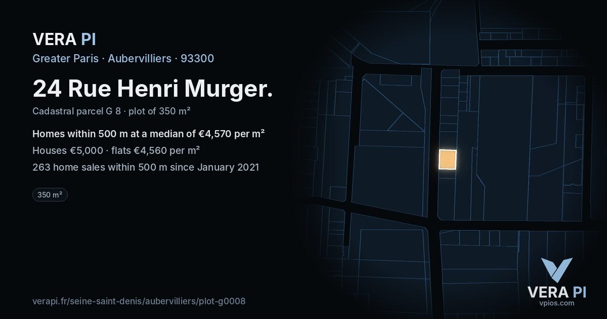 24 Rue Henri Murger, Aubervilliers at night – the plot lit, the parcels around coloured by the prices near them