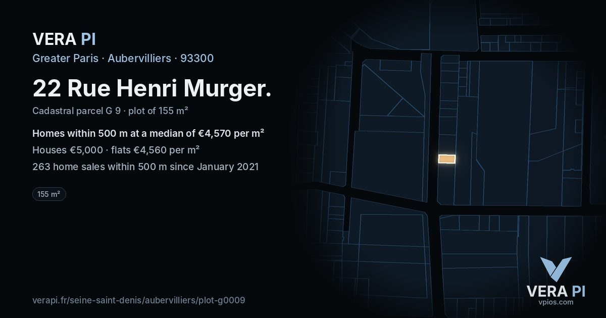 22 Rue Henri Murger, Aubervilliers at night – the plot lit, the parcels around coloured by the prices near them