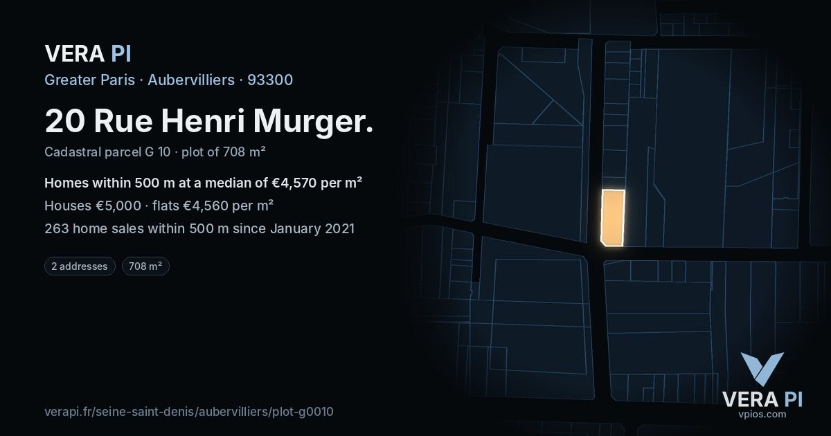20 Rue Henri Murger, Aubervilliers at night – the plot lit, the parcels around coloured by the prices near them