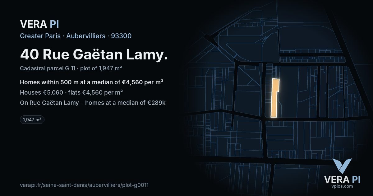 40 Rue Gaëtan Lamy, Aubervilliers at night – the plot lit, the parcels around coloured by the prices near them