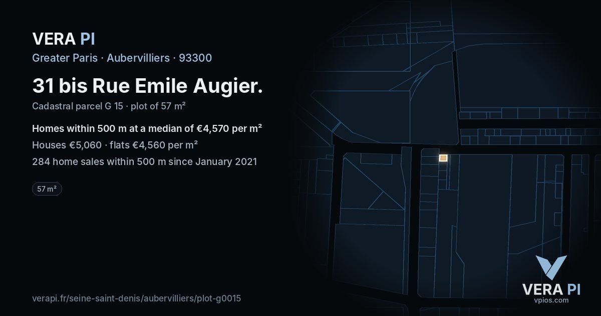 31 bis Rue Emile Augier, Aubervilliers at night – the plot lit, the parcels around coloured by the prices near them