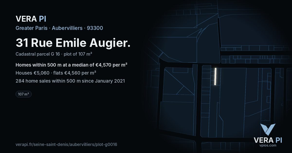 31 Rue Emile Augier, Aubervilliers at night – the plot lit, the parcels around coloured by the prices near them