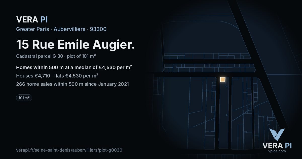 15 Rue Emile Augier, Aubervilliers at night – the plot lit, the parcels around coloured by the prices near them
