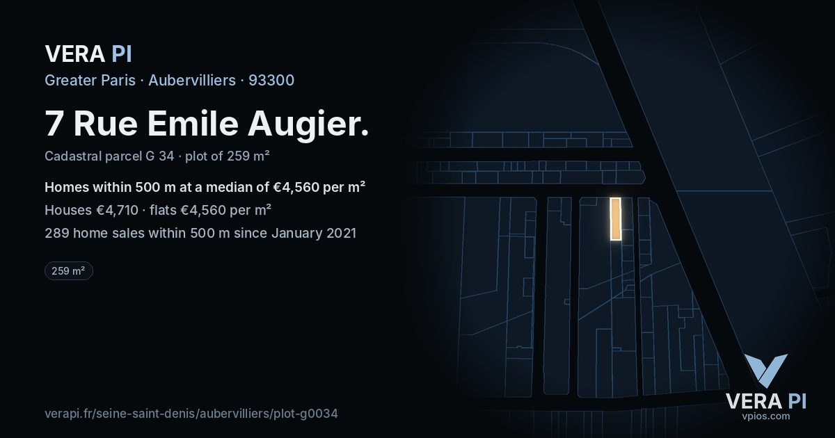 7 Rue Emile Augier, Aubervilliers at night – the plot lit, the parcels around coloured by the prices near them